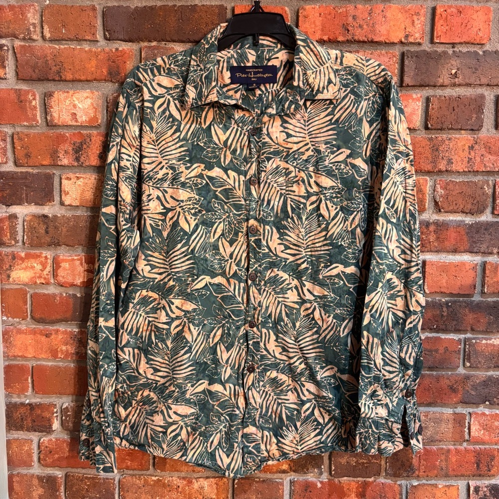 Pete Huntington mens Bali tropical palm button up shirt green S